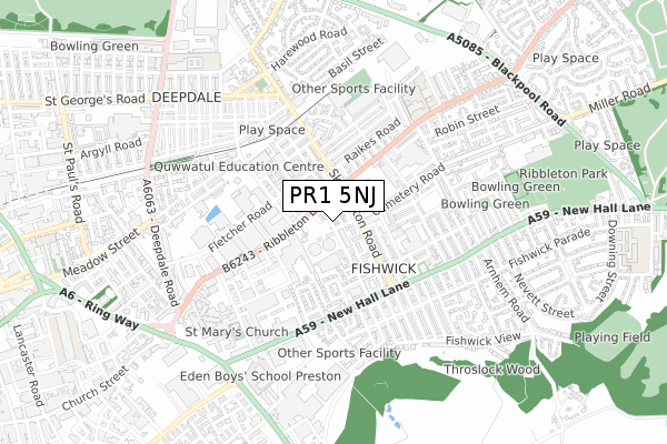 PR1 5NJ map - small scale - OS Open Zoomstack (Ordnance Survey)