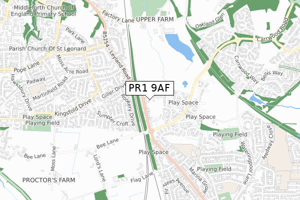 PR1 9AF map - small scale - OS Open Zoomstack (Ordnance Survey)