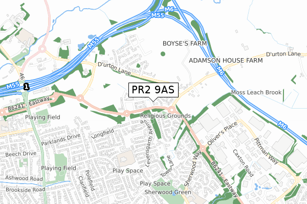 PR2 9AS map - small scale - OS Open Zoomstack (Ordnance Survey)