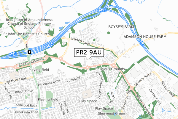 PR2 9AU map - small scale - OS Open Zoomstack (Ordnance Survey)