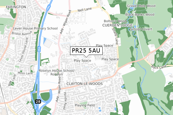 PR25 5AU map - small scale - OS Open Zoomstack (Ordnance Survey)