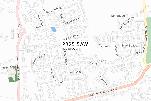 PR25 5AW map - large scale - OS Open Zoomstack (Ordnance Survey)