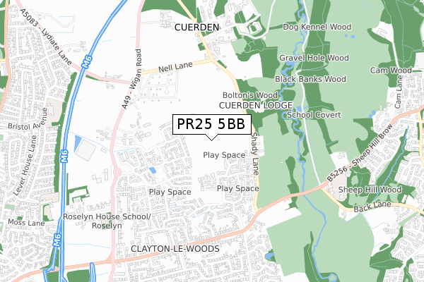 PR25 5BB map - small scale - OS Open Zoomstack (Ordnance Survey)