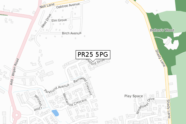 PR25 5PG map - large scale - OS Open Zoomstack (Ordnance Survey)