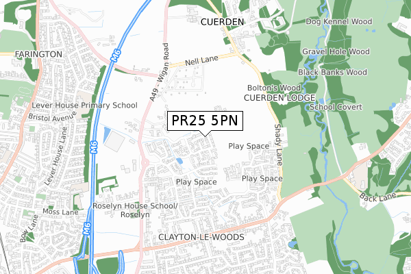 PR25 5PN map - small scale - OS Open Zoomstack (Ordnance Survey)