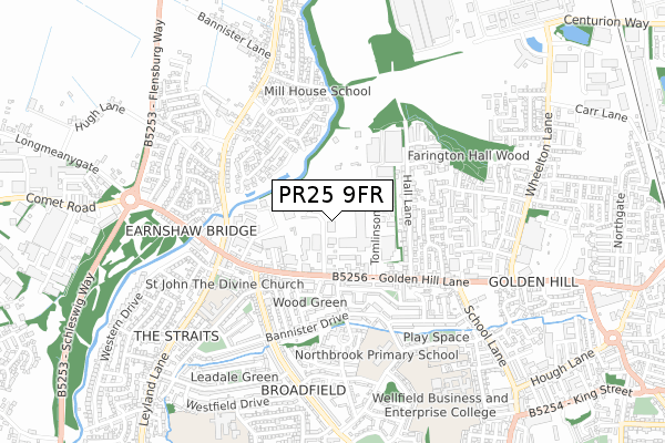 PR25 9FR map - small scale - OS Open Zoomstack (Ordnance Survey)