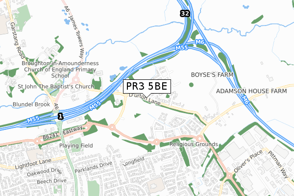 PR3 5BE map - small scale - OS Open Zoomstack (Ordnance Survey)