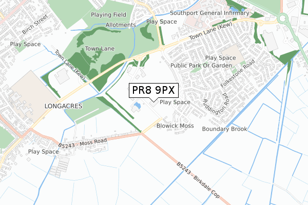 PR8 9PX map - small scale - OS Open Zoomstack (Ordnance Survey)