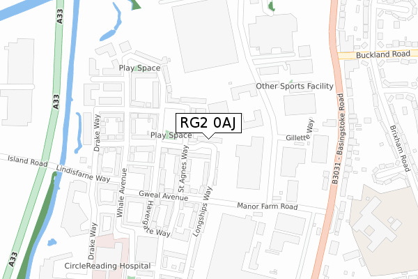 RG2 0AJ map - large scale - OS Open Zoomstack (Ordnance Survey)