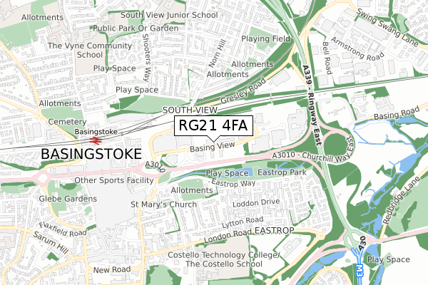 RG21 4FA map - small scale - OS Open Zoomstack (Ordnance Survey)