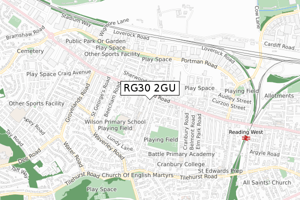 RG30 2GU map - small scale - OS Open Zoomstack (Ordnance Survey)