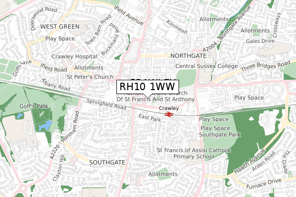 RH10 1WW map - small scale - OS Open Zoomstack (Ordnance Survey)