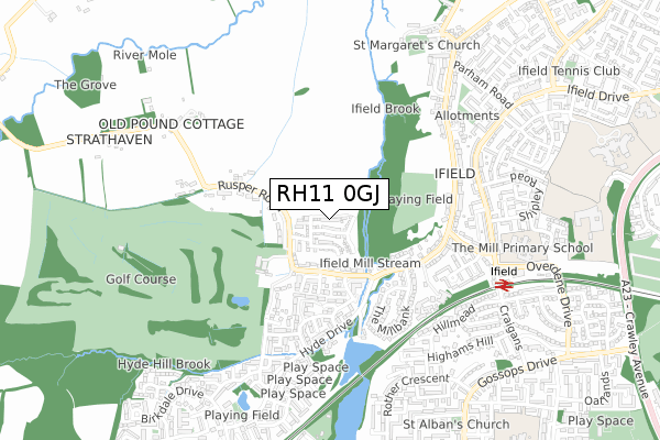 RH11 0GJ map - small scale - OS Open Zoomstack (Ordnance Survey)