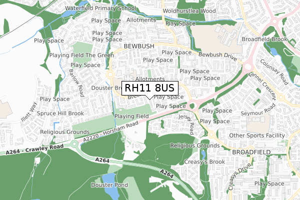 RH11 8US map - small scale - OS Open Zoomstack (Ordnance Survey)