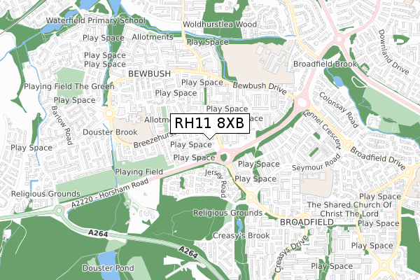 RH11 8XB map - small scale - OS Open Zoomstack (Ordnance Survey)