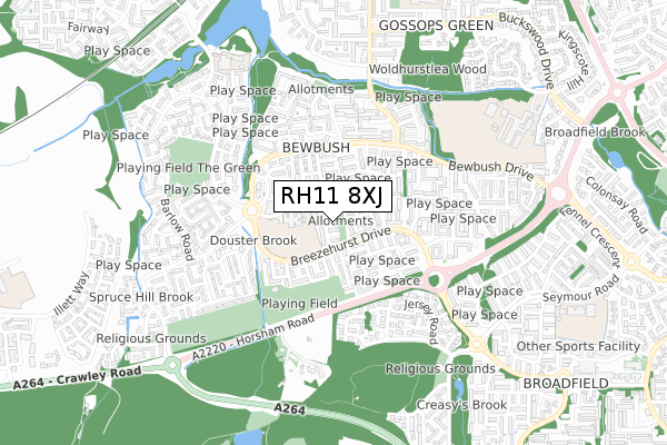 RH11 8XJ map - small scale - OS Open Zoomstack (Ordnance Survey)