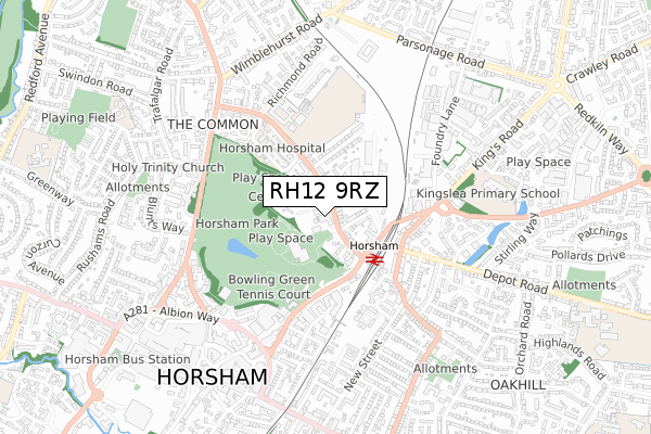 RH12 9RZ map - small scale - OS Open Zoomstack (Ordnance Survey)