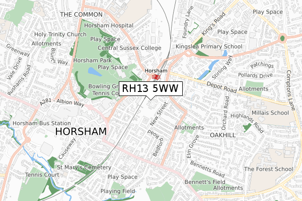 RH13 5WW map - small scale - OS Open Zoomstack (Ordnance Survey)