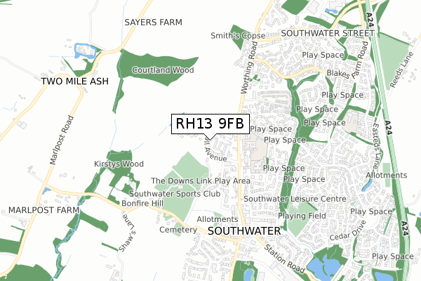 RH13 9FB map - small scale - OS Open Zoomstack (Ordnance Survey)