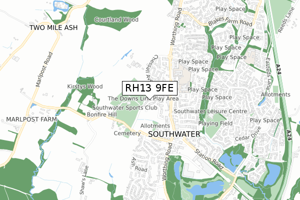 RH13 9FE map - small scale - OS Open Zoomstack (Ordnance Survey)