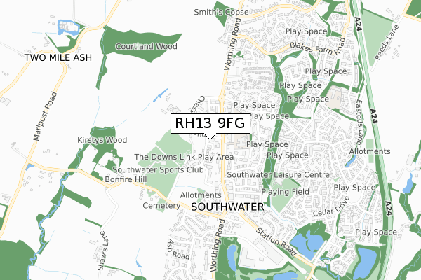 RH13 9FG map - small scale - OS Open Zoomstack (Ordnance Survey)