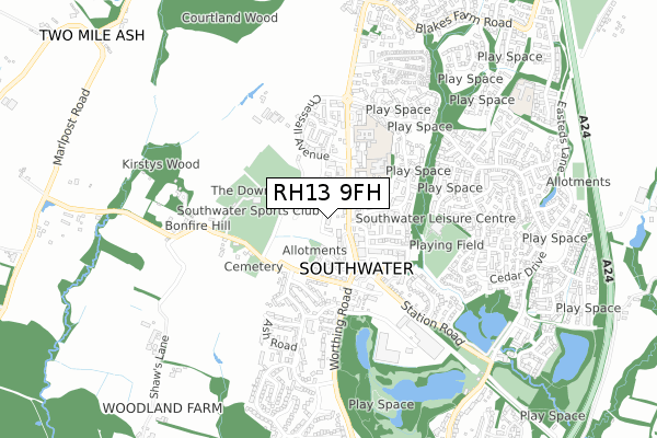 RH13 9FH map - small scale - OS Open Zoomstack (Ordnance Survey)