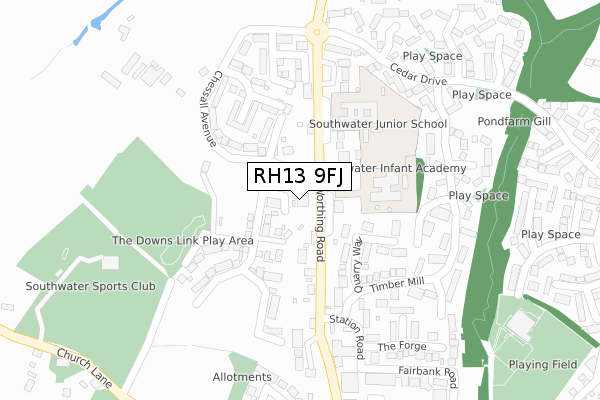 RH13 9FJ map - large scale - OS Open Zoomstack (Ordnance Survey)