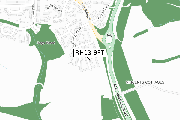 RH13 9FT map - large scale - OS Open Zoomstack (Ordnance Survey)