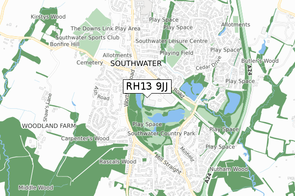 RH13 9JJ map - small scale - OS Open Zoomstack (Ordnance Survey)