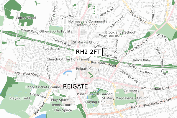 RH2 2FT map - small scale - OS Open Zoomstack (Ordnance Survey)