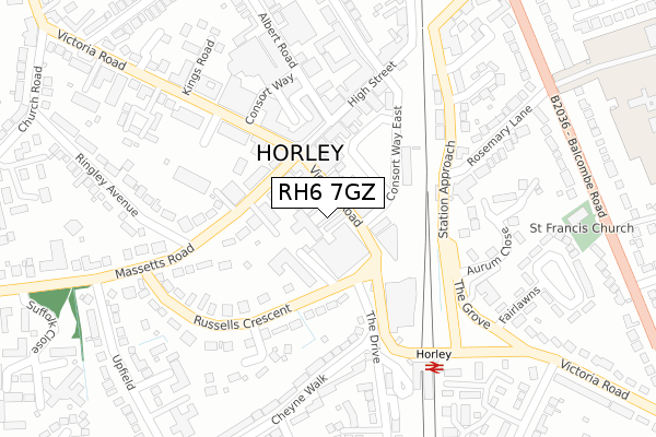 RH6 7GZ map - large scale - OS Open Zoomstack (Ordnance Survey)