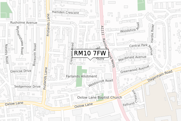 RM10 7FW map - large scale - OS Open Zoomstack (Ordnance Survey)