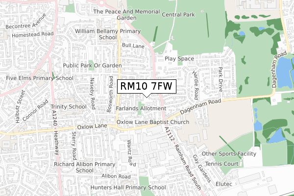 RM10 7FW map - small scale - OS Open Zoomstack (Ordnance Survey)