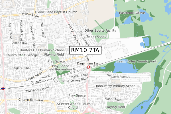 RM10 7TA map - small scale - OS Open Zoomstack (Ordnance Survey)