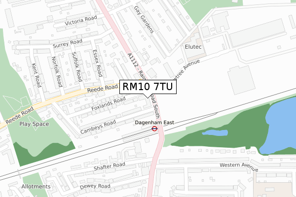 RM10 7TU map - large scale - OS Open Zoomstack (Ordnance Survey)