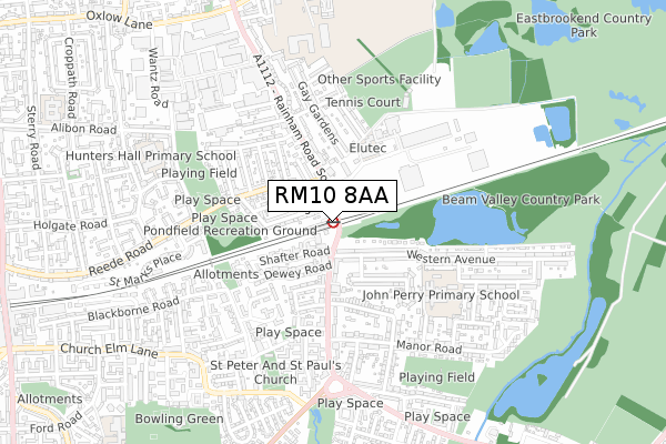 RM10 8AA map - small scale - OS Open Zoomstack (Ordnance Survey)