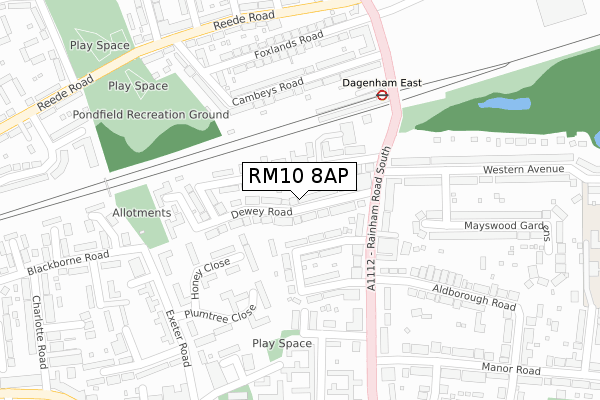 RM10 8AP map - large scale - OS Open Zoomstack (Ordnance Survey)