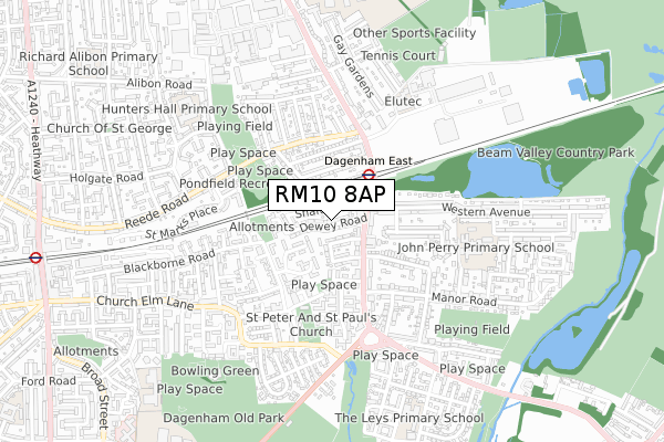 RM10 8AP map - small scale - OS Open Zoomstack (Ordnance Survey)