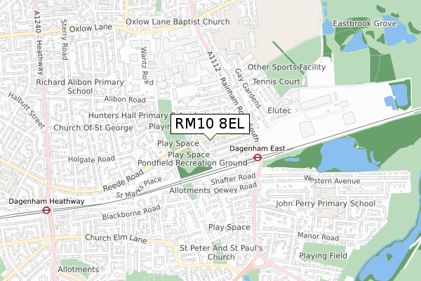 RM10 8EL map - small scale - OS Open Zoomstack (Ordnance Survey)