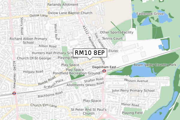 RM10 8EP map - small scale - OS Open Zoomstack (Ordnance Survey)