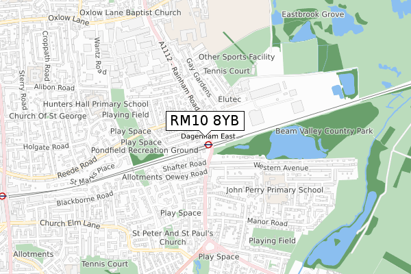 RM10 8YB map - small scale - OS Open Zoomstack (Ordnance Survey)