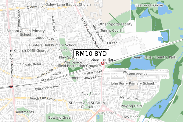 RM10 8YD map - small scale - OS Open Zoomstack (Ordnance Survey)