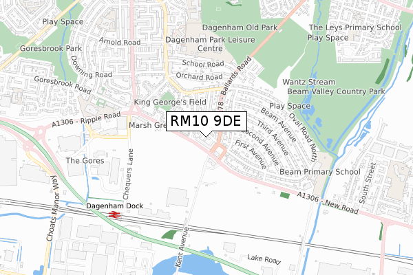 RM10 9DE map - small scale - OS Open Zoomstack (Ordnance Survey)