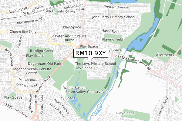 RM10 9XY map - small scale - OS Open Zoomstack (Ordnance Survey)