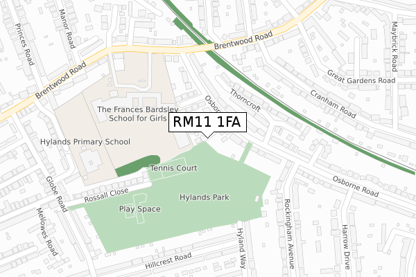 RM11 1FA map - large scale - OS Open Zoomstack (Ordnance Survey)