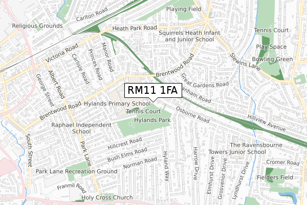 RM11 1FA map - small scale - OS Open Zoomstack (Ordnance Survey)