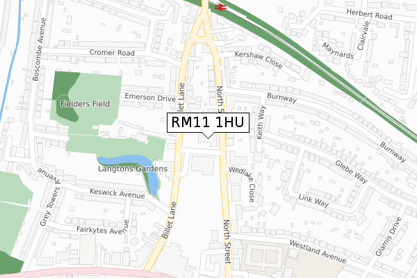 RM11 1HU map - large scale - OS Open Zoomstack (Ordnance Survey)