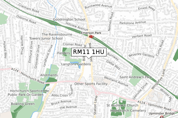 RM11 1HU map - small scale - OS Open Zoomstack (Ordnance Survey)