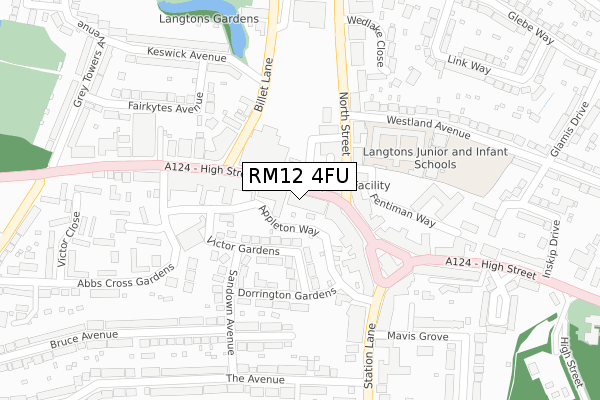 RM12 4FU map - large scale - OS Open Zoomstack (Ordnance Survey)