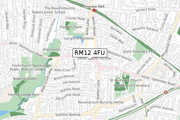 RM12 4FU map - small scale - OS Open Zoomstack (Ordnance Survey)